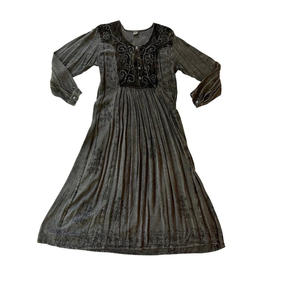 Sacred Threads Dress OSFM Black Gray Excellent Whimsygoth 90s Crinkle Rayon